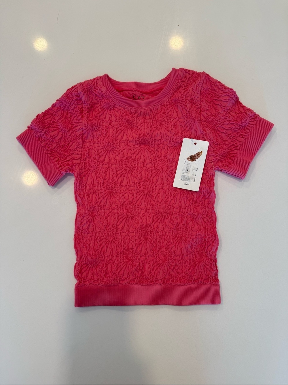 NWT Chelsea & Violet Pink Floral Textured Short Sleeve Stretch Crop Top Sz XS/S